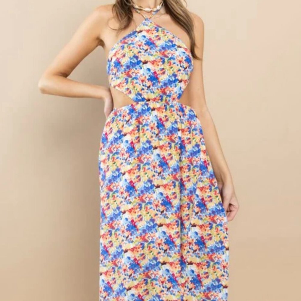 Aiblee Blue Flower Floral Halter Neck Maxi Dress